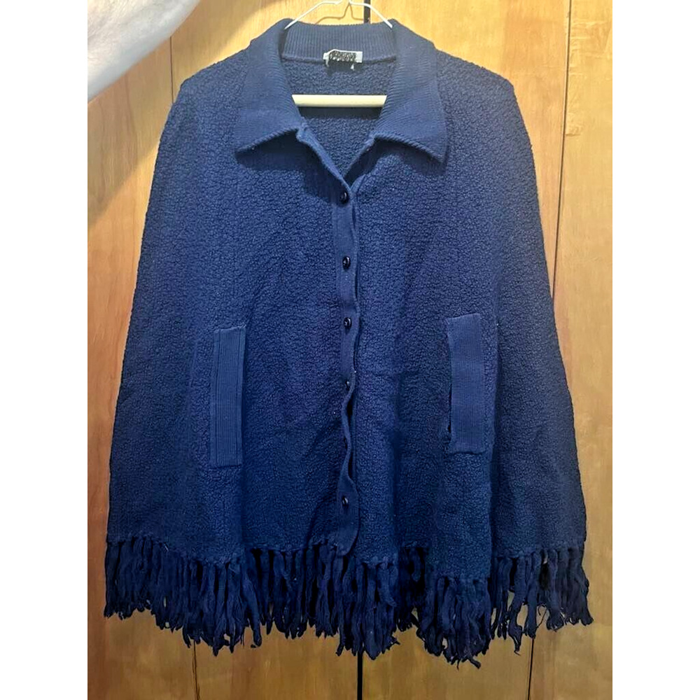 Vintage 60s 70s Rosanna Wintuk Blue Fringe Shawl Cape Wrap O/S